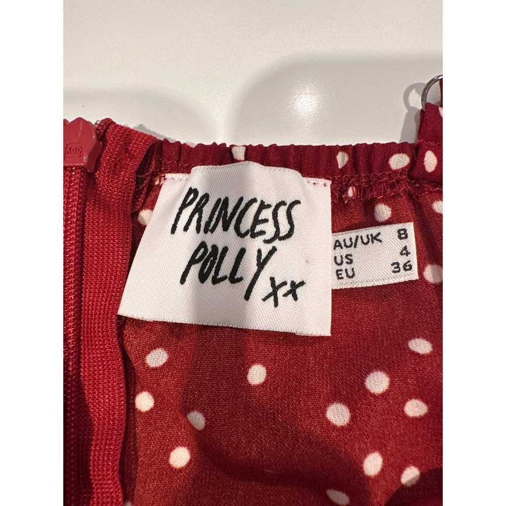 Princess Polly Red Polka Dot Mini Dress Wrap Ruffle Hem Size 4 - Picture 3 of 3